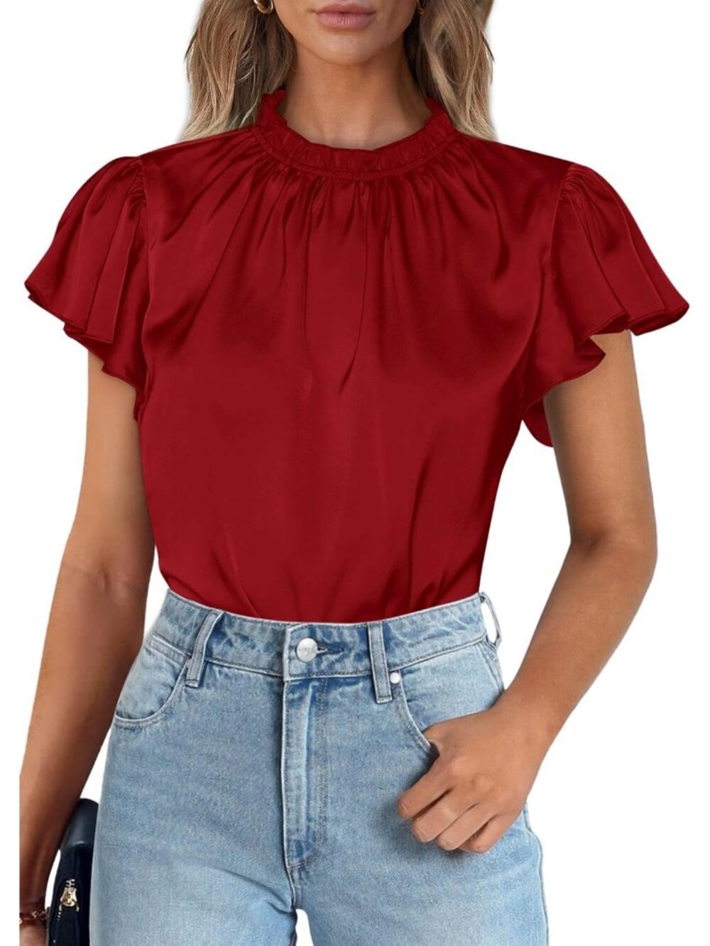 Women's Red Satin Blouse Ruffled Neck Flutter Sleeve Office Work Silk Top